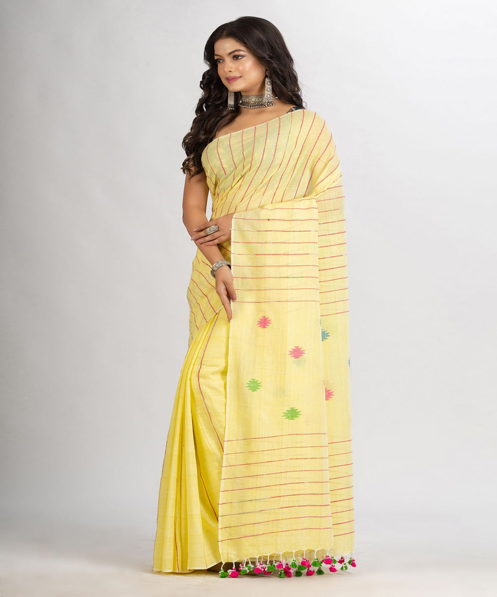 Yellow red striped handwoven cotton bengal saree