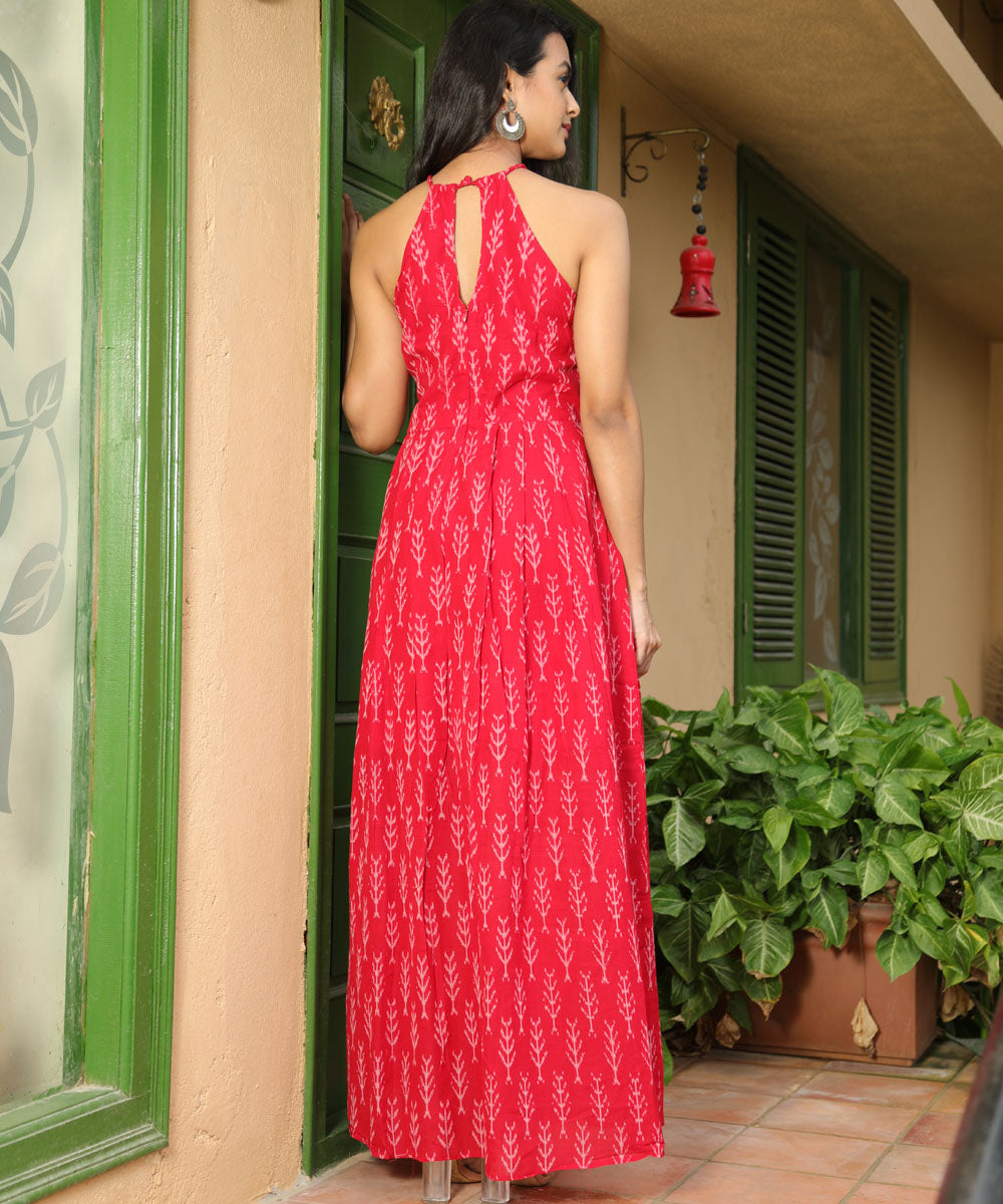 Red handcrafted pochampally ikat halter neck cotton dress