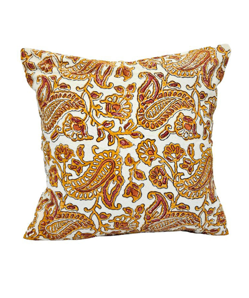 Brown motif block printed big paisley cotton cushion cover