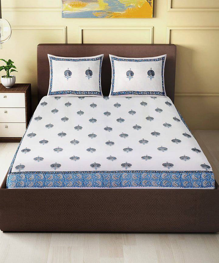 White navy blue hand block printed king size cotton double bedsheet