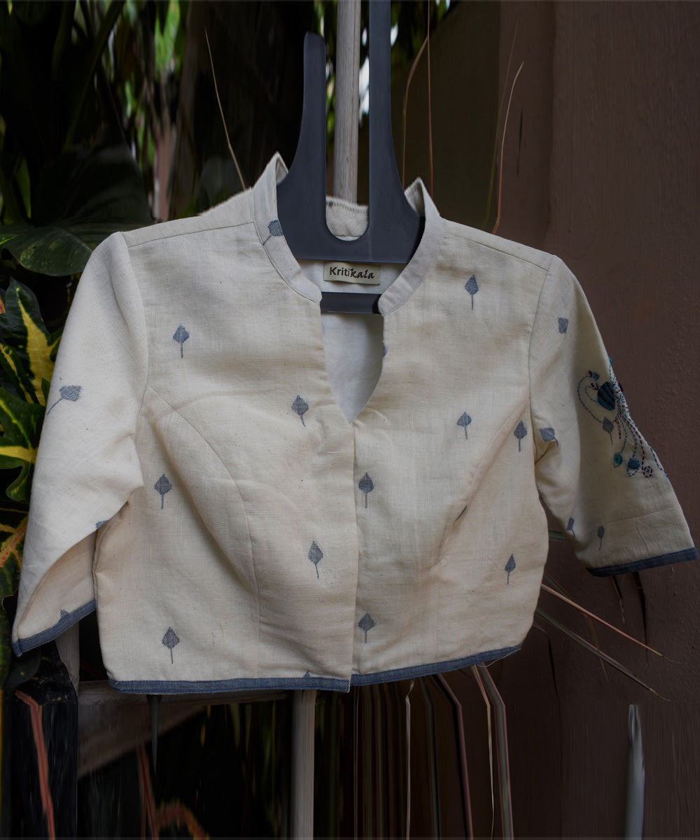 White blue handcrafted cotton jamdani blouse