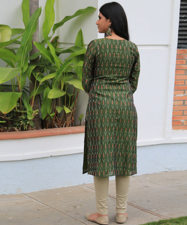 Mehendi green handcrafted cotton ikat kurta with hand embroidery