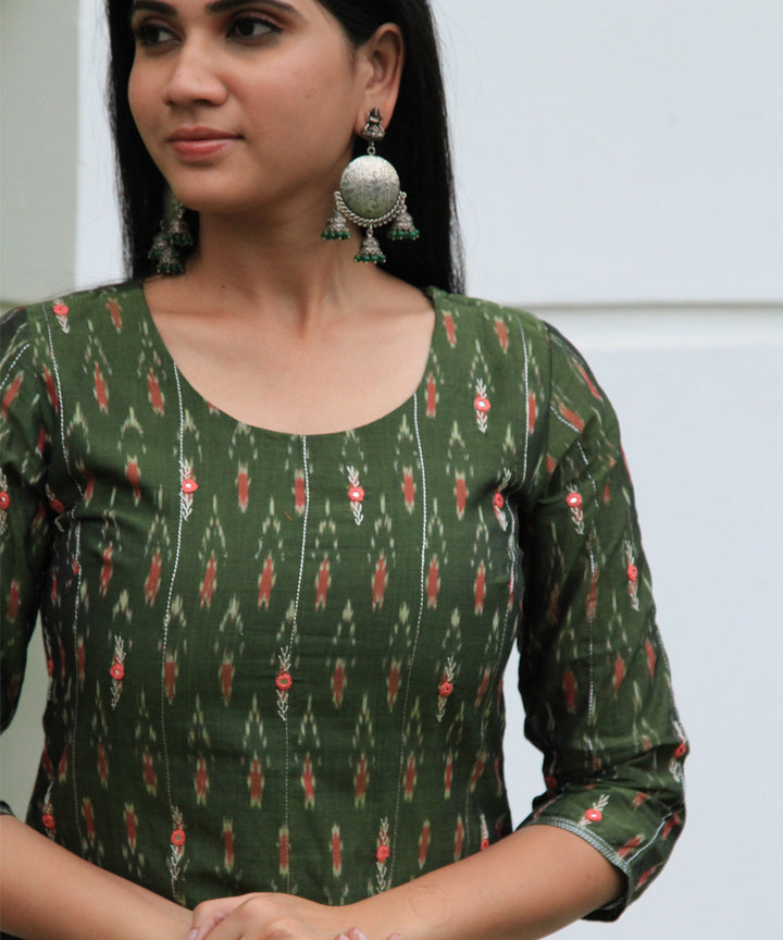Mehendi green handcrafted cotton ikat kurta with hand embroidery