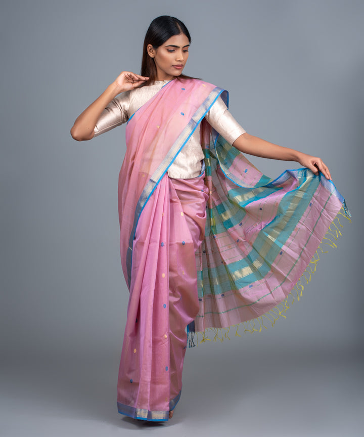 Pink green handwoven maheshwari cotton silk saree
