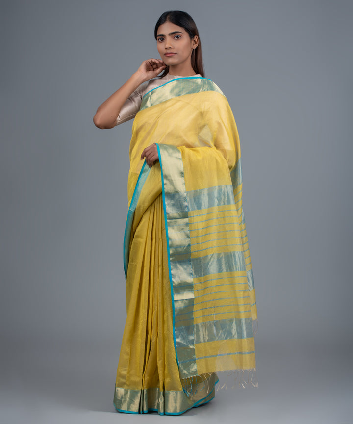 Yellow blue handwoven maheshwari cotton silk saree
