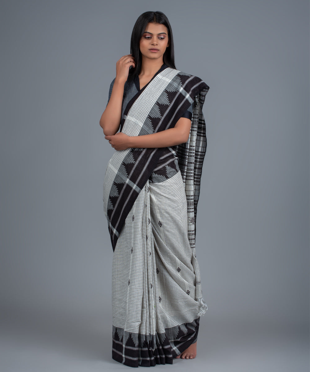 White black handwoven diamond motifs cotton kotpad saree