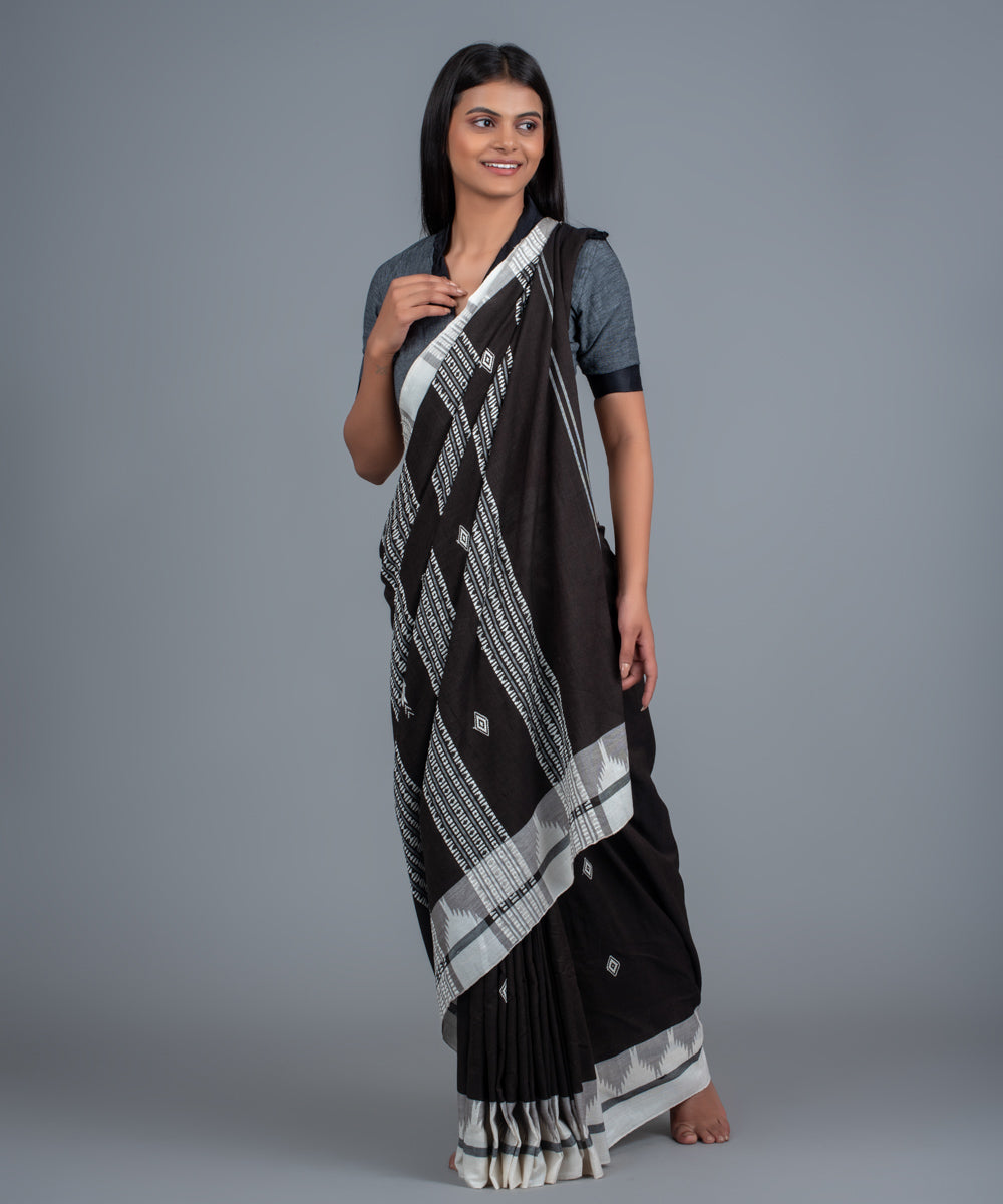 Black white handwoven cotton kotpad saree