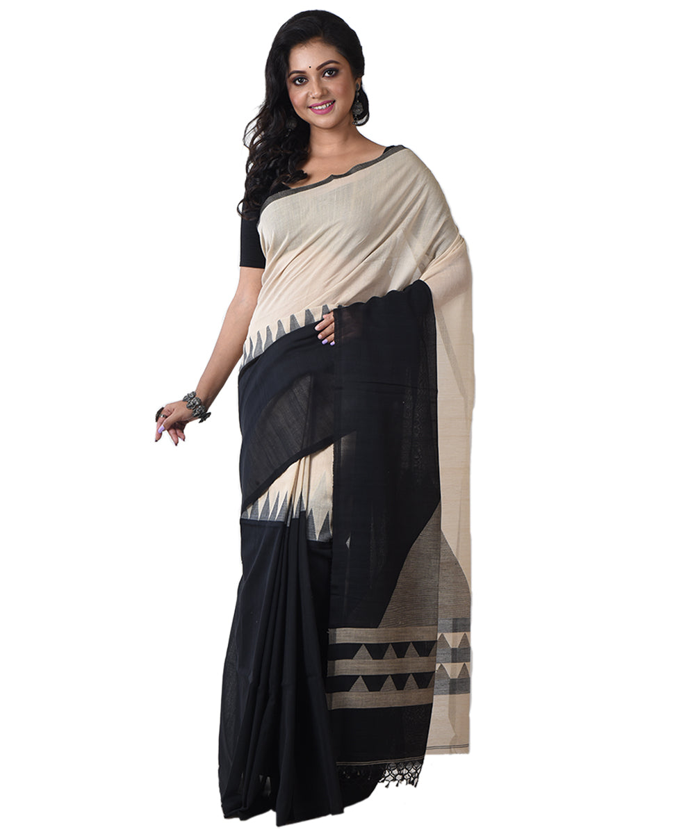 Beige black handloom shantipuri cotton saree