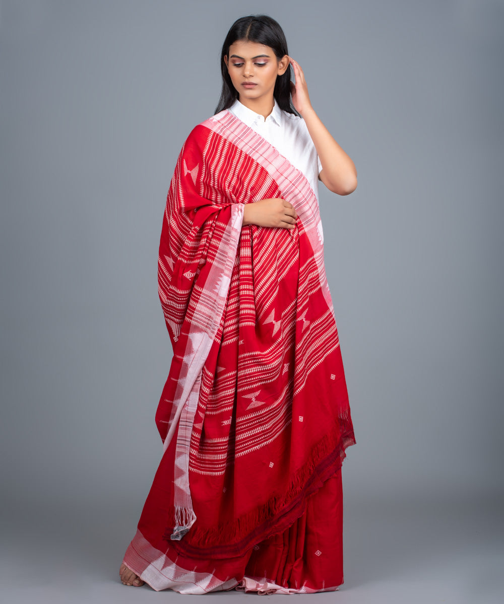 Red white handwoven cotton kotpad saree