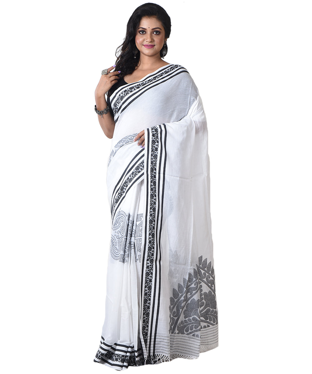 White black handloom shantipuri cotton saree