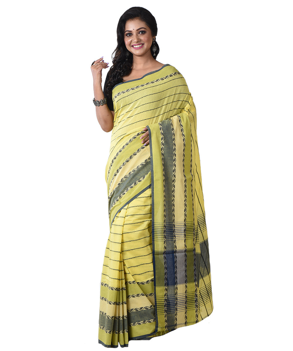 Yellow black handloom cotton shantipuri saree