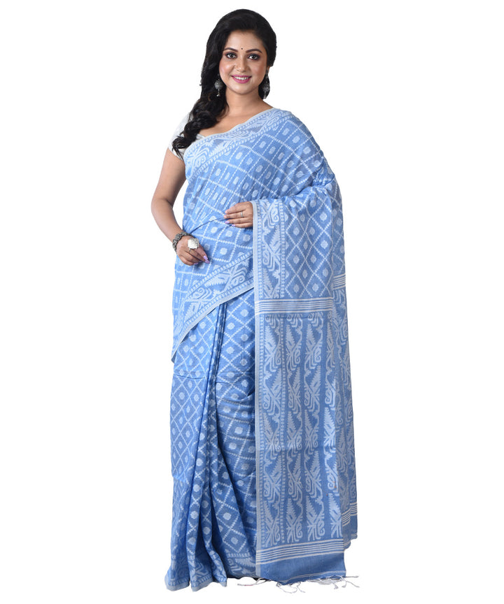 Cyan blue white handloom cotton shantipuri saree
