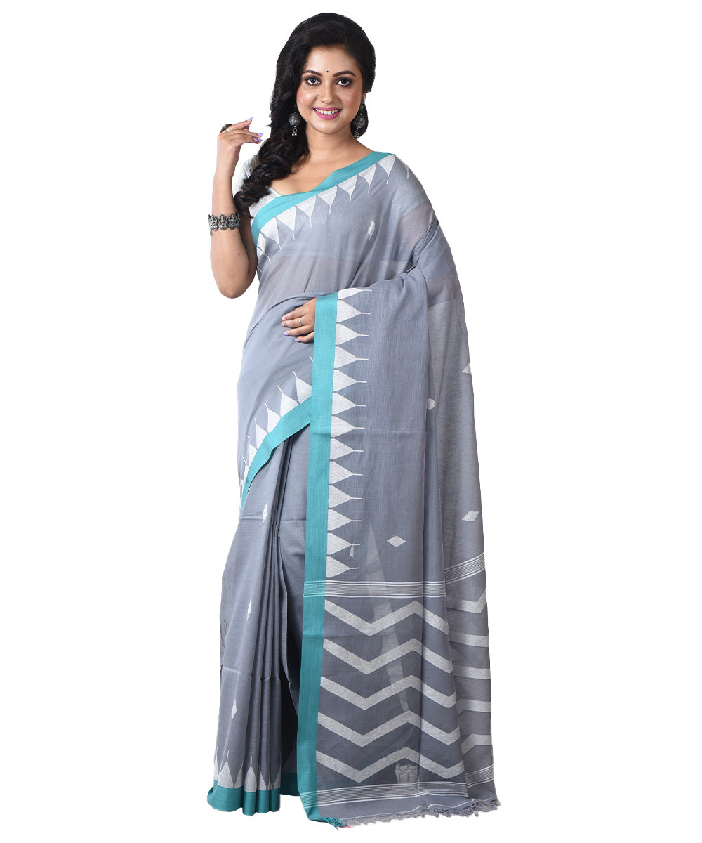 Grey cyan blue handloom cotton shantipuri saree