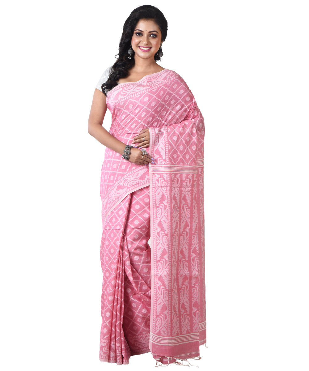 Pink white cotton handloom shantipuri saree