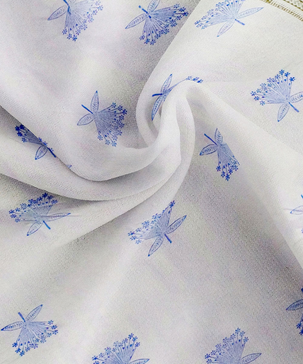 White sky blue hand block printed king size cotton bedsheet