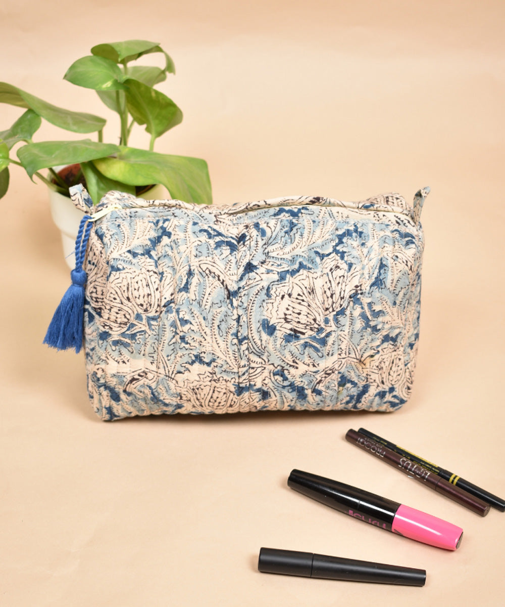 Sky blue white handcrafted cotton kalamakri pouch