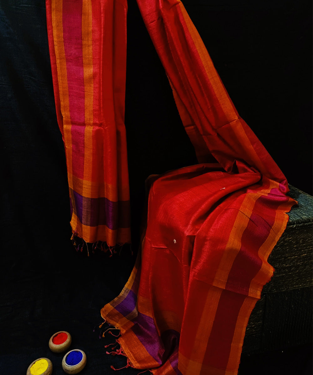 Red orange dual shade handwoven tussar silk dupatta