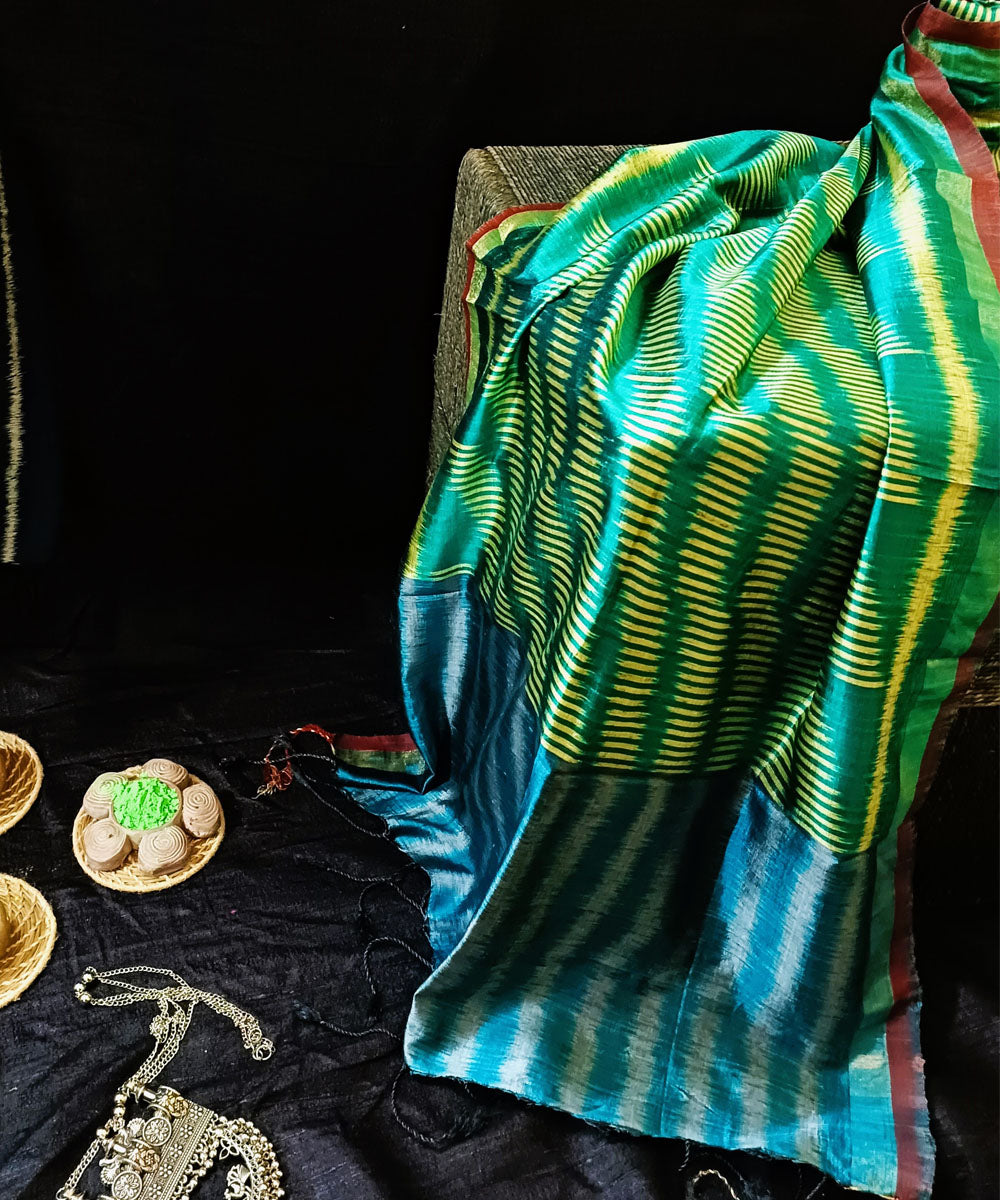 Light green golden handwoven silk ikat sambalpuri stole