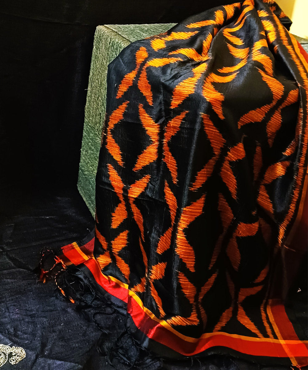 Black orange handwoven silk ikat sambalpuri stole