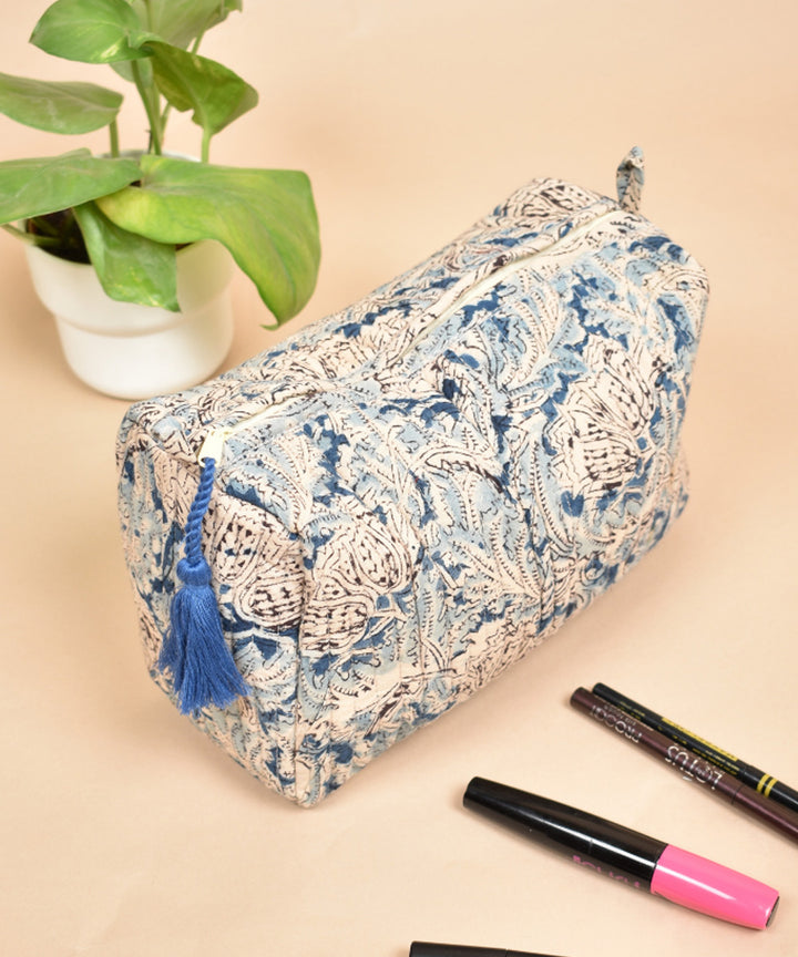 Sky blue white handcrafted cotton kalamakri pouch