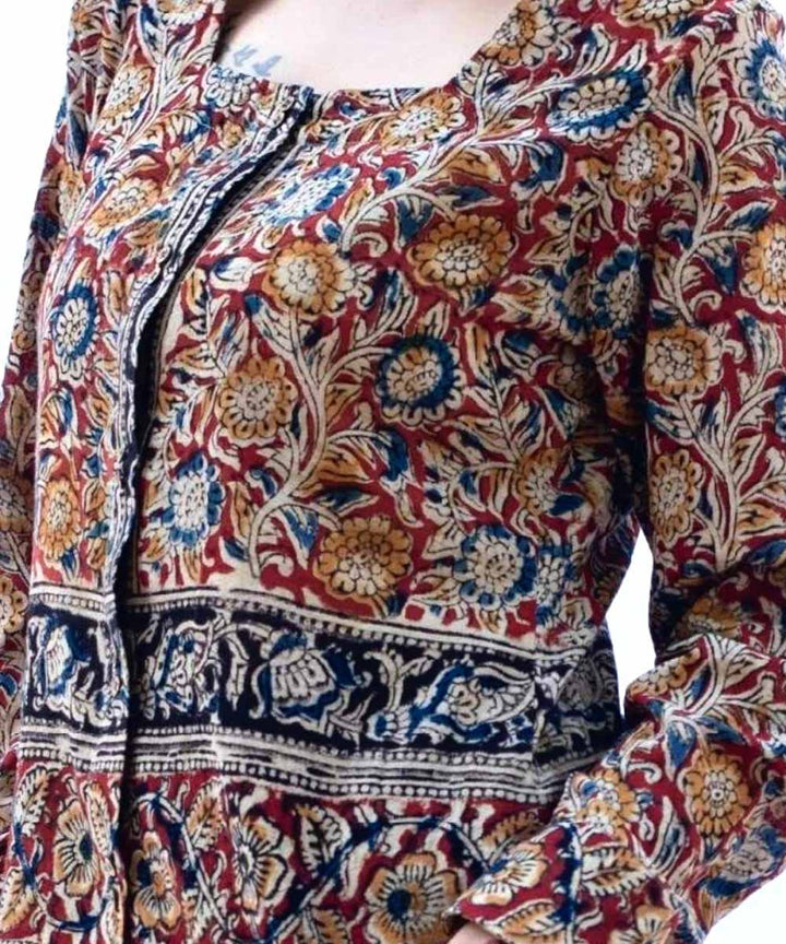 Red handcrafted kalamkari cotton shirt with square neck