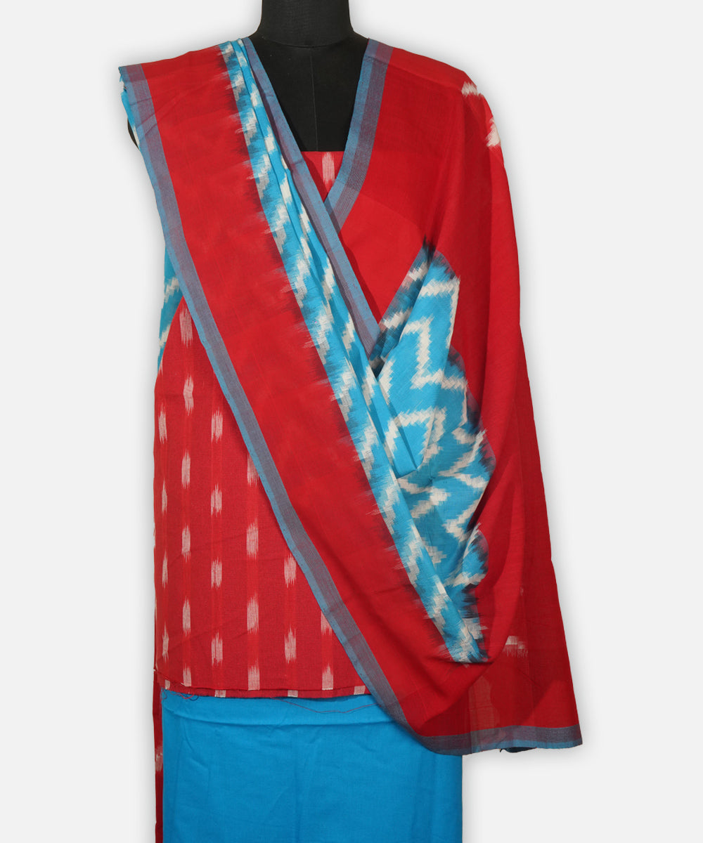 3pc Red blue hand woven cotton pochampally ikat dress material