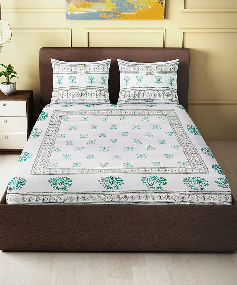 White light green block printed king size cotton double bedsheet