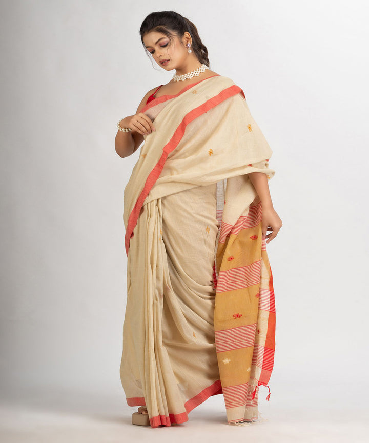 Cream and orange handwoven cotton bengal saree