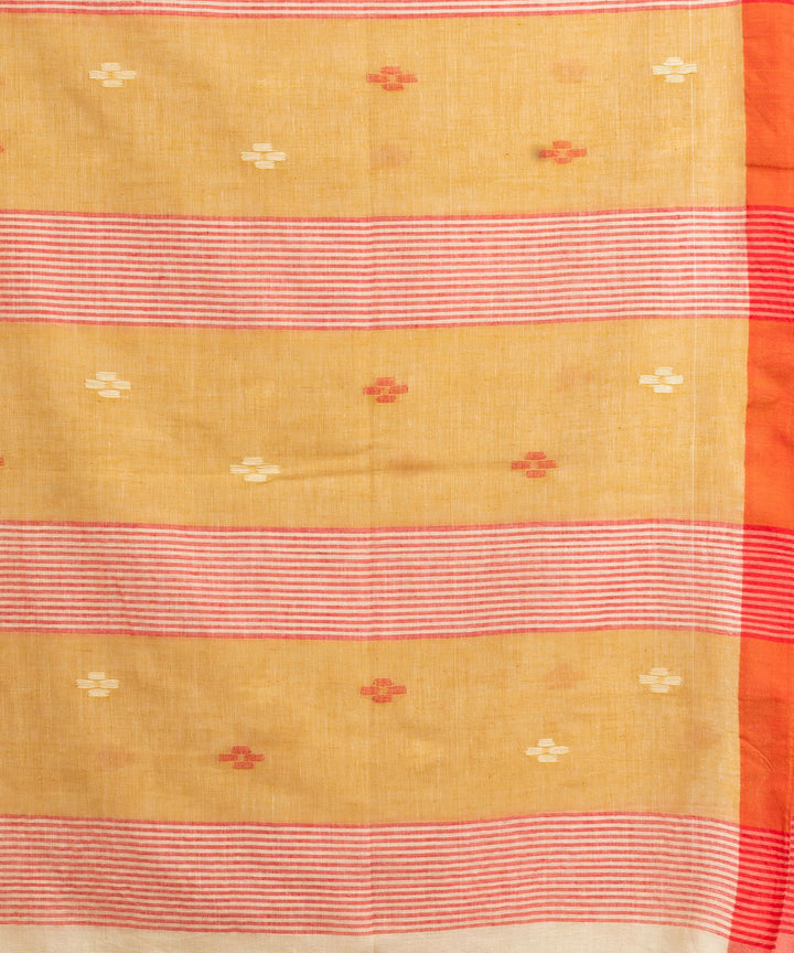 Cream and orange handwoven cotton bengal saree