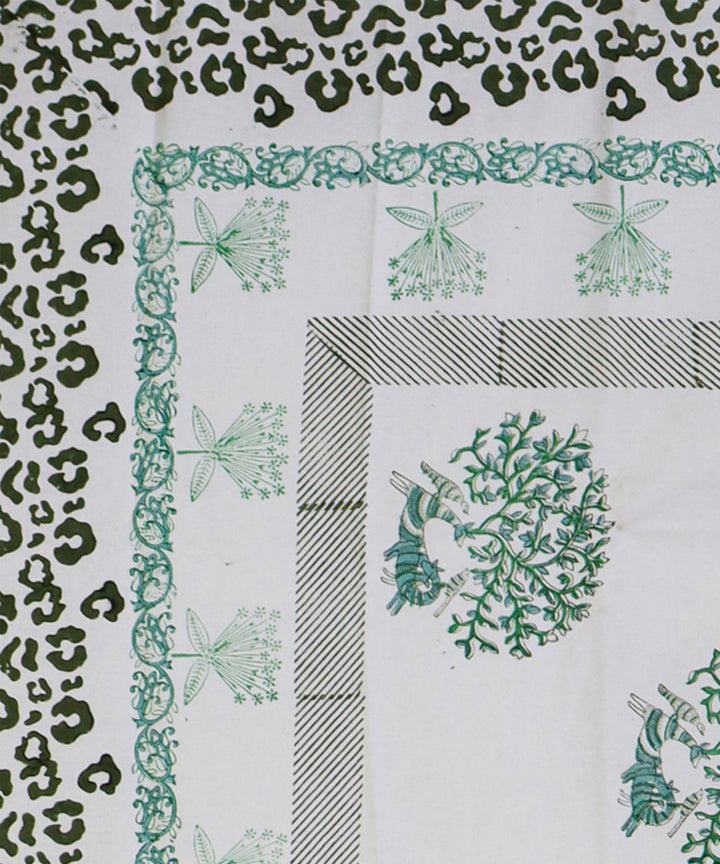 White light green hand block printed king size cotton double bedsheet