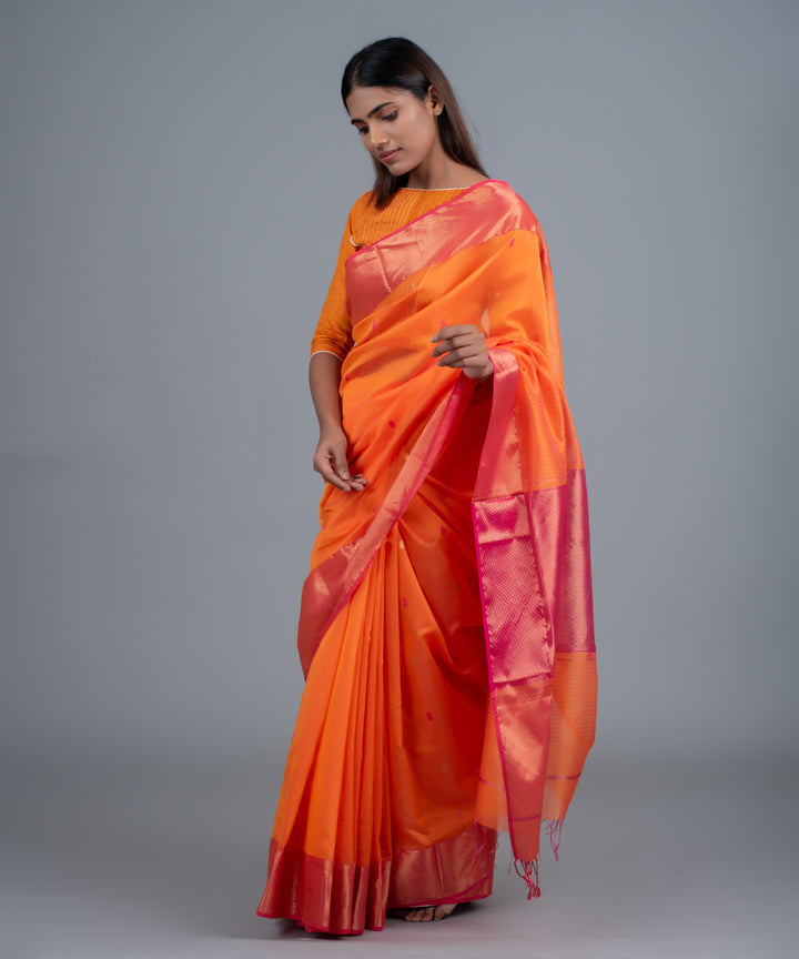 Orange pink handwoven maheshwari cotton silk saree