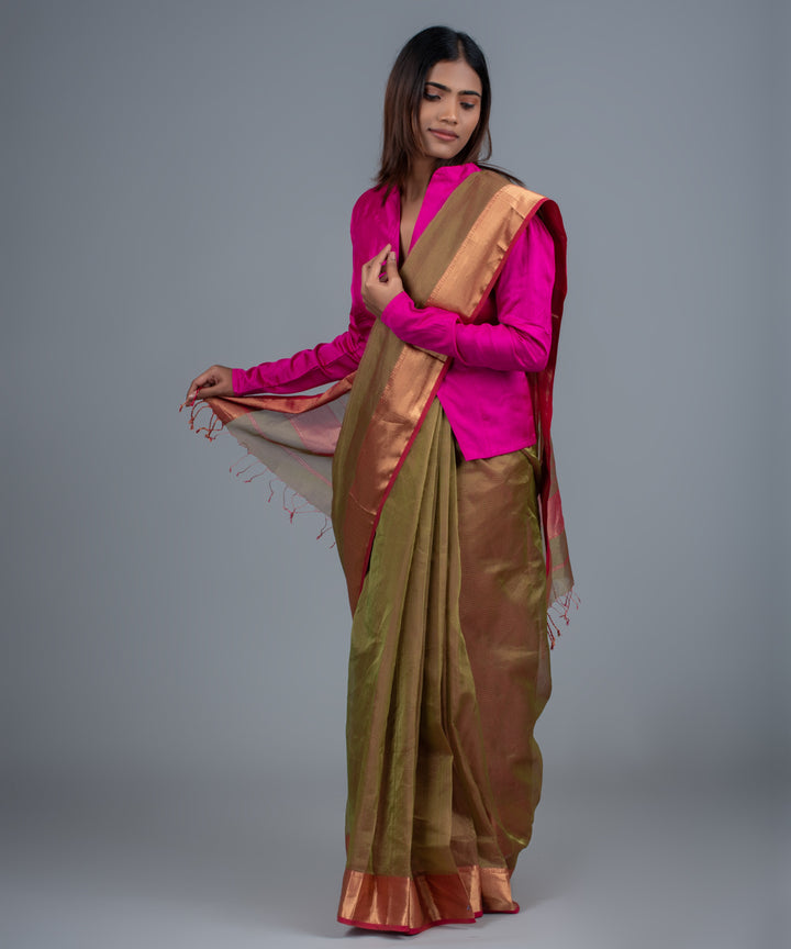 Green pink handwoven maheshwari cotton silk saree