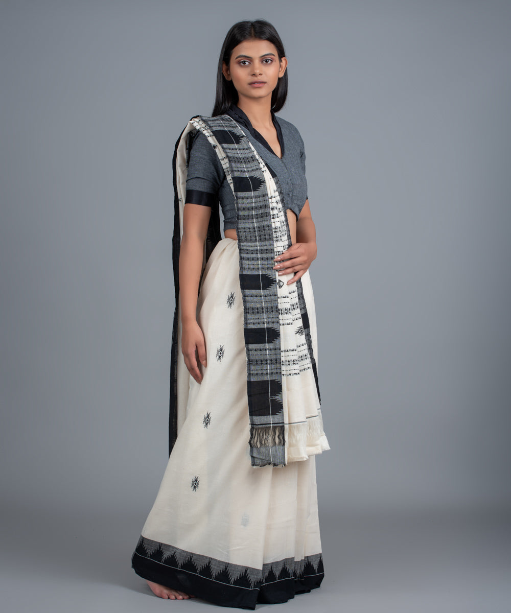 White black handwoven cotton kotpad saree