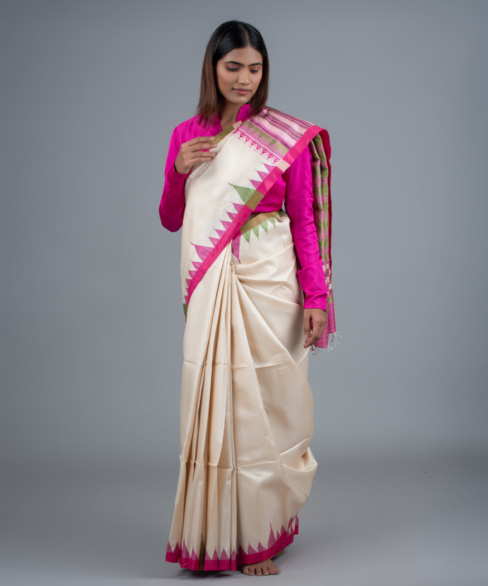 Cream pink handwoven gopalpur jala border tussar saree