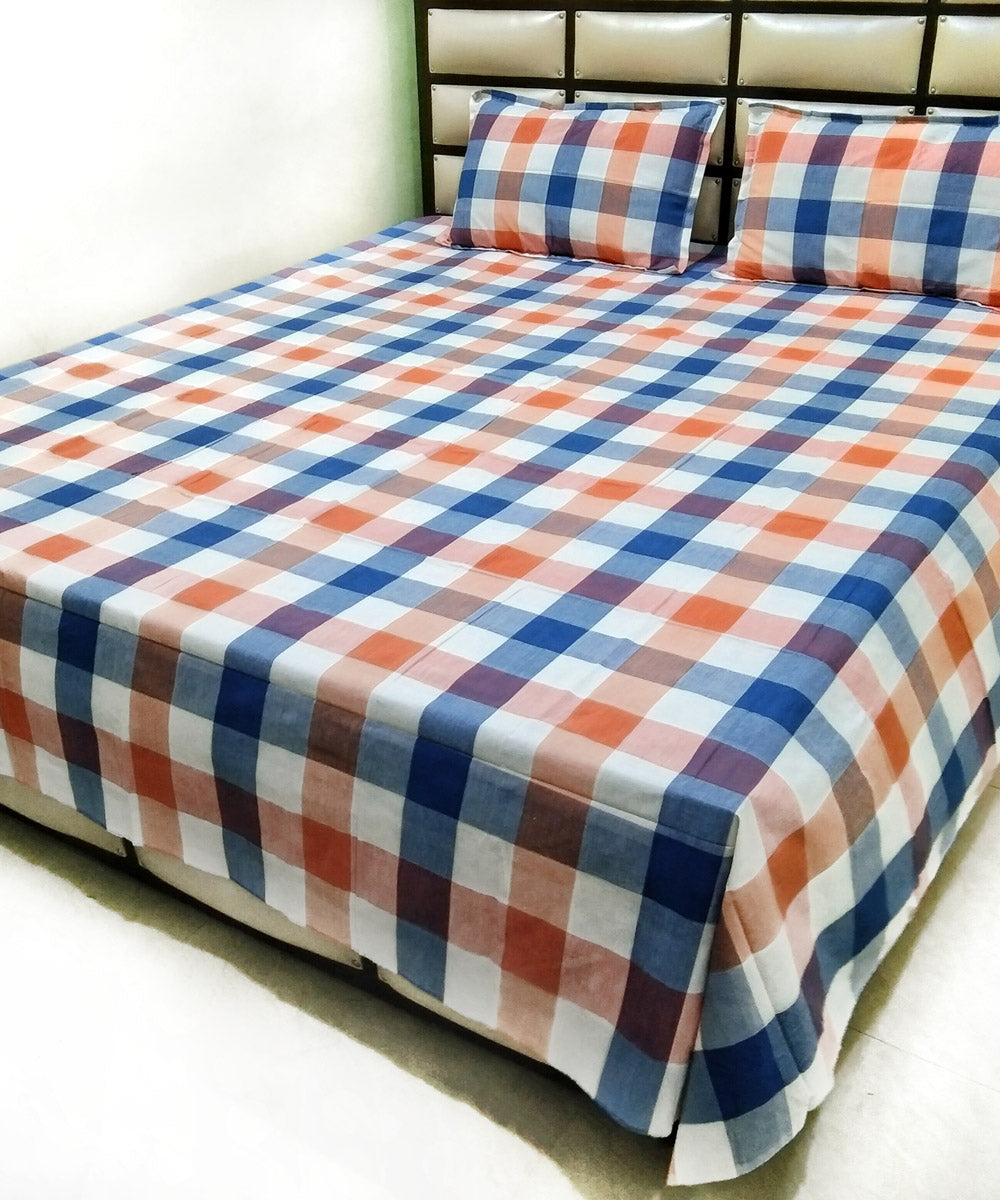 White blue brown checks handwoven cotton double bed bedsheet