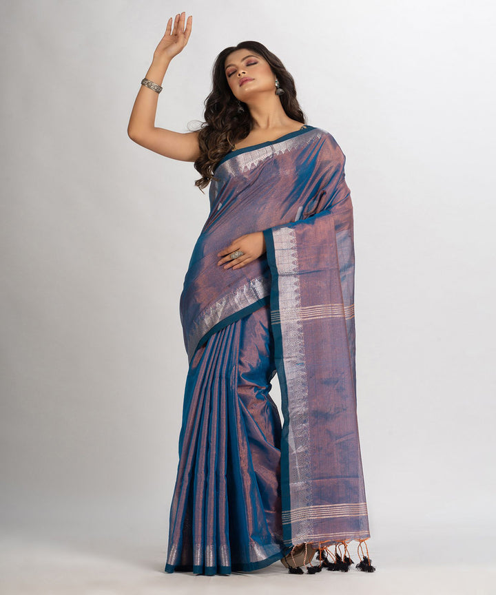 Copper blue double shaded handloom cotton tissue jacquard border saree