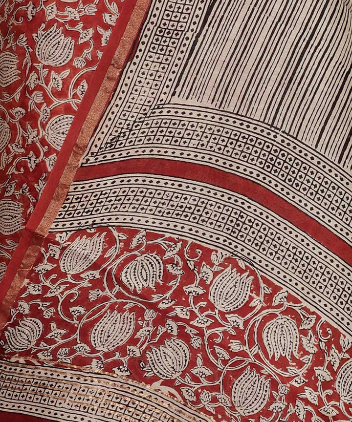 2pc Dark red handblock print cotton silk dress material
