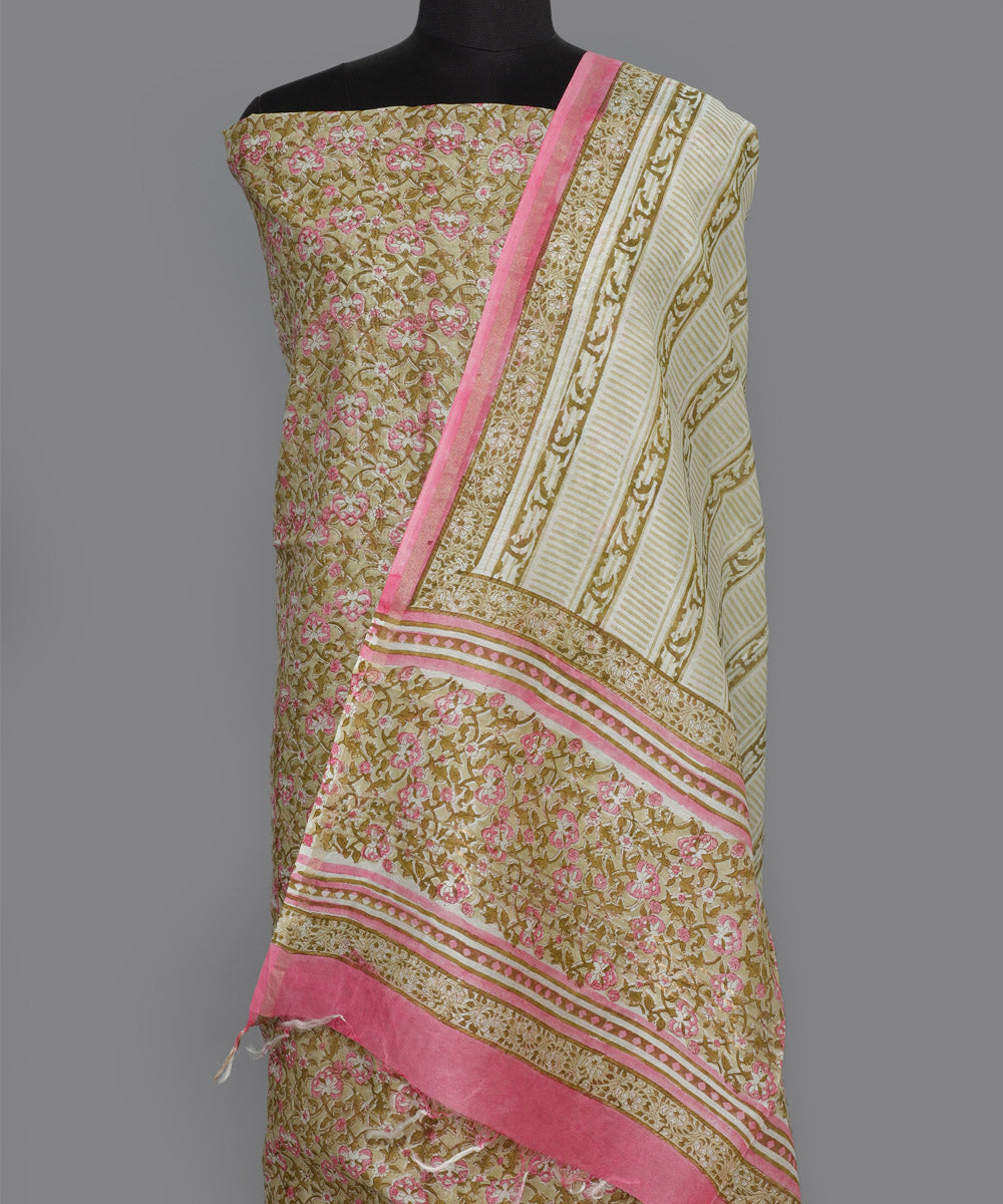 2pc Green pink handblock print cotton silk dress material