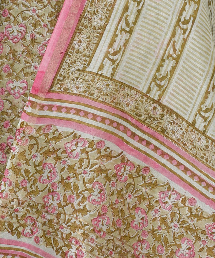 2pc Green pink handblock print cotton silk dress material
