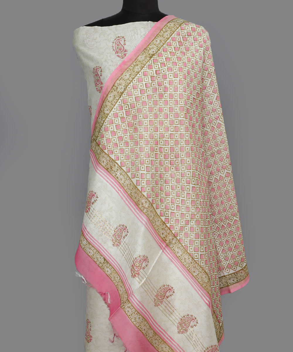 2pc White pink handblock print cotton silk dress material