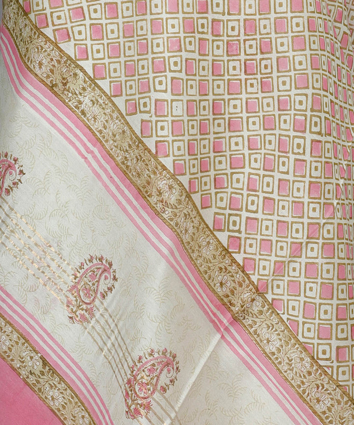 2pc White pink handblock print cotton silk dress material