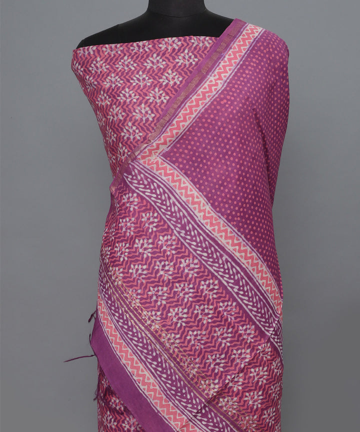 2pc Pink white hand block print cotton silk dress material