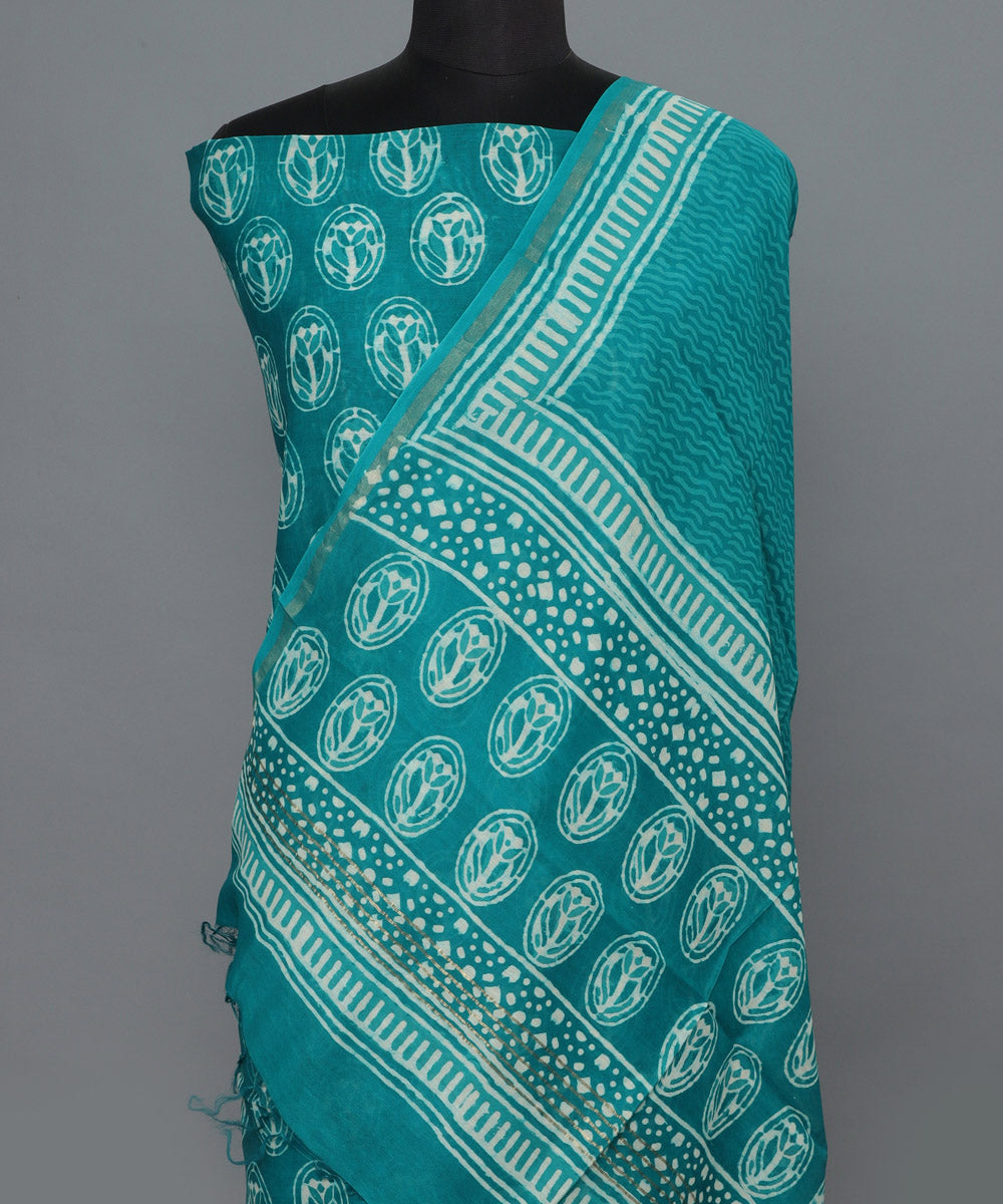 2pc Turquoise hand block print cotton silk dress material