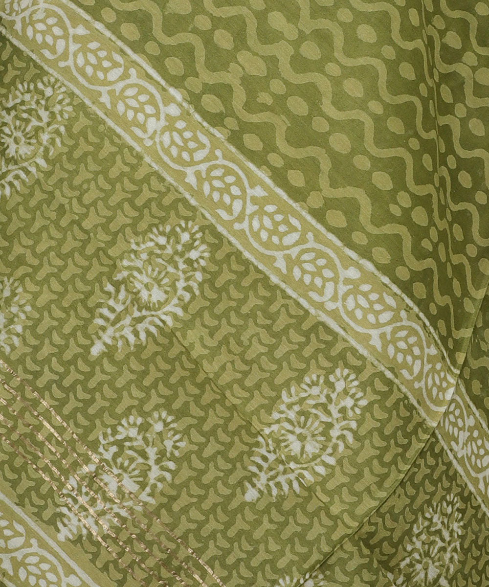 2pc Olive green hand block print cotton silk dress material
