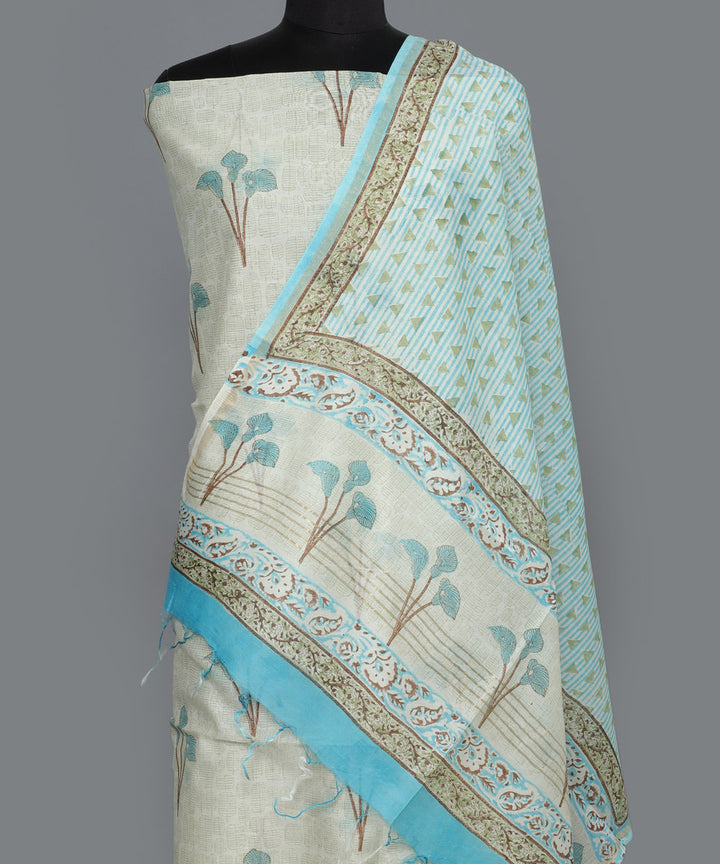 2pc White blue handblock print cotton silk dress material