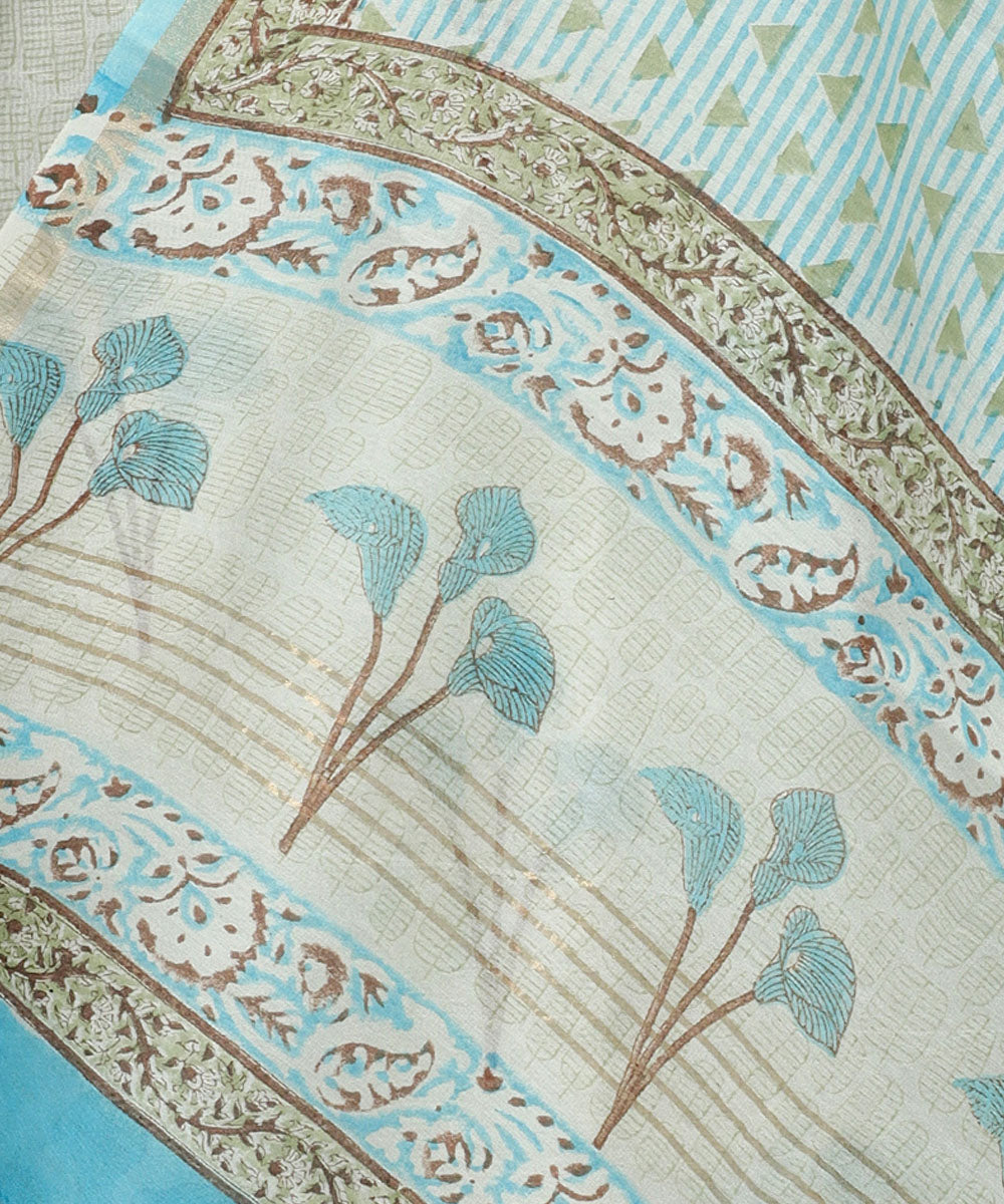 2pc White blue handblock print cotton silk dress material