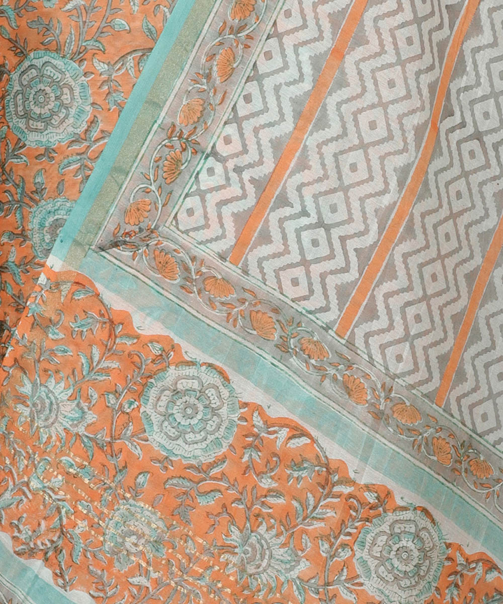 2pc Orange multicolor handblock print cotton silk dress material