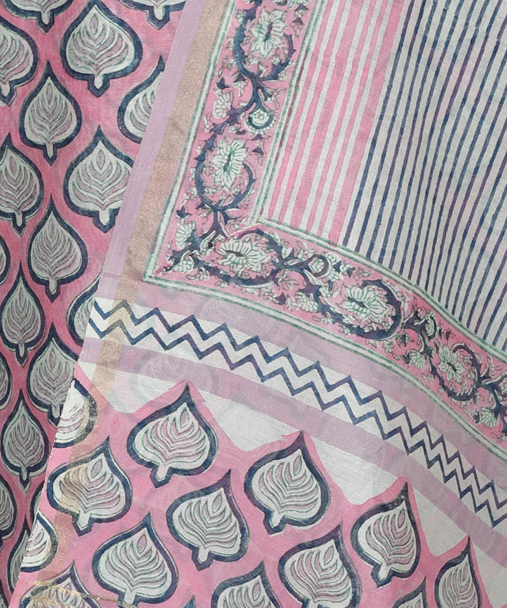2pc Pink grey handblock print cotton silk dress material
