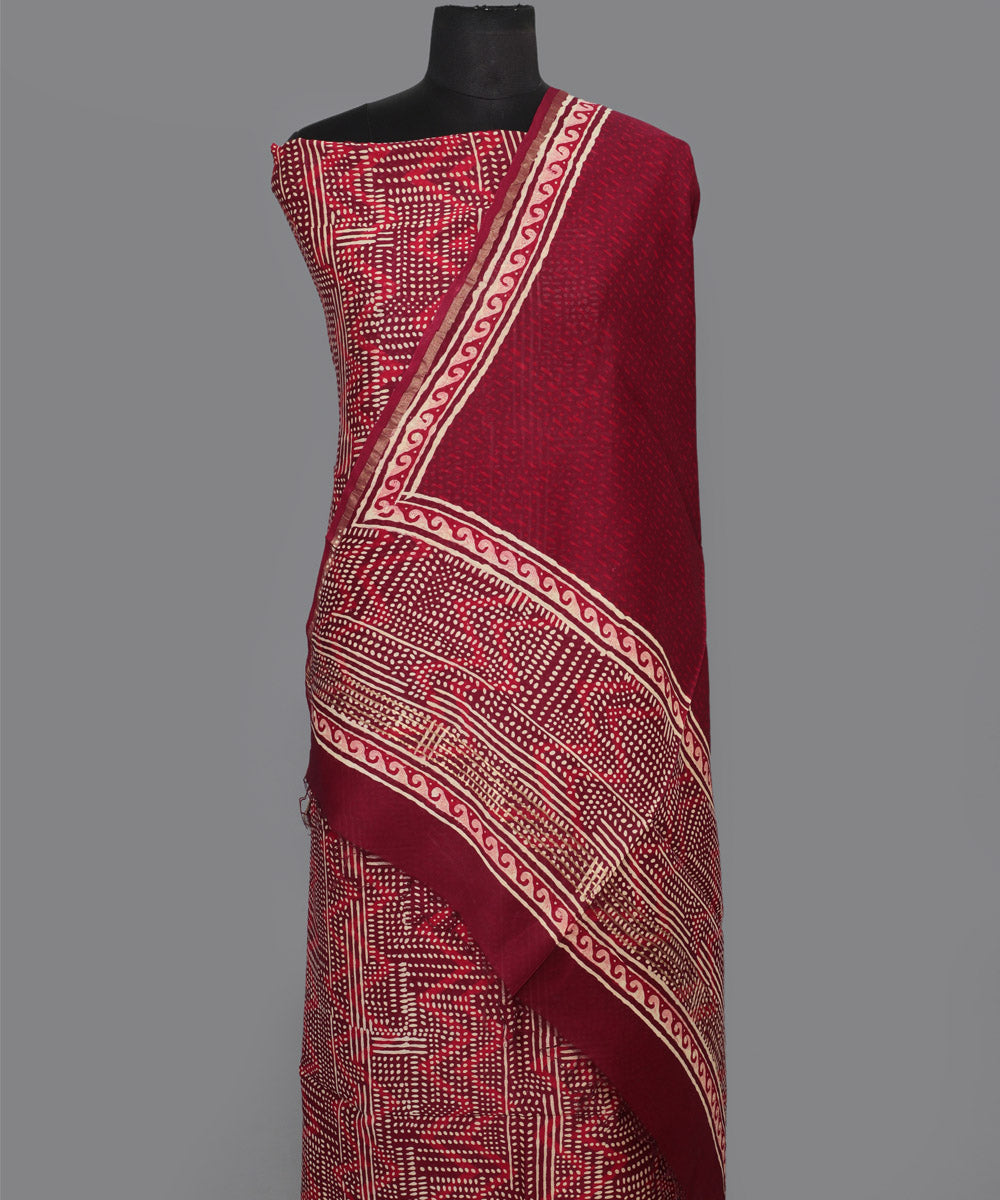 2pc Red handblock print cotton silk dress material