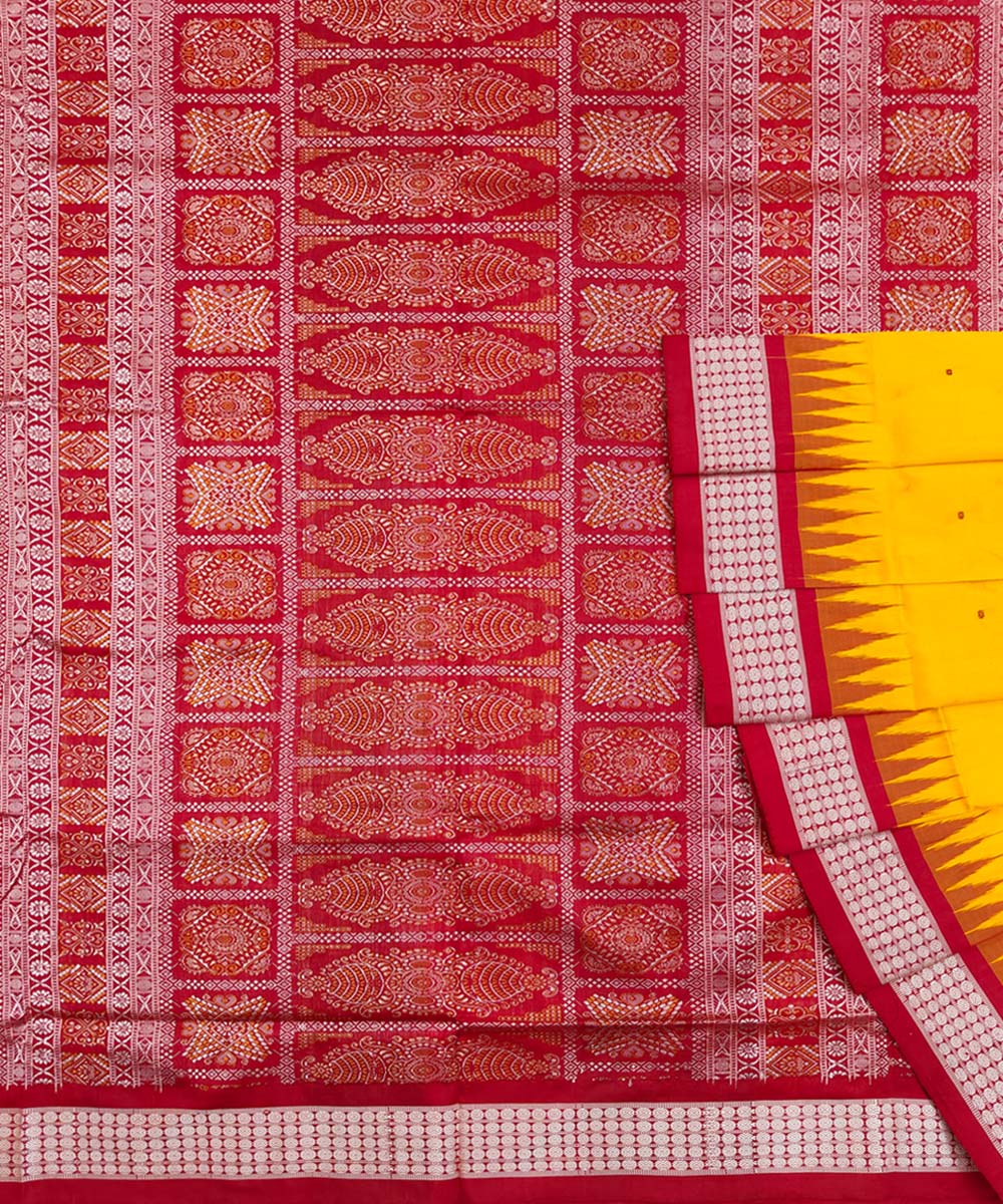 Yellow red handwoven bomkai silk saree